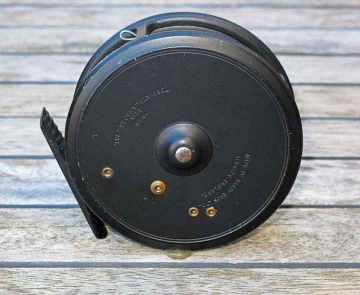 Macleay Inverness 3-1/2 antique brass fishing reel + salmon fly  paperweight